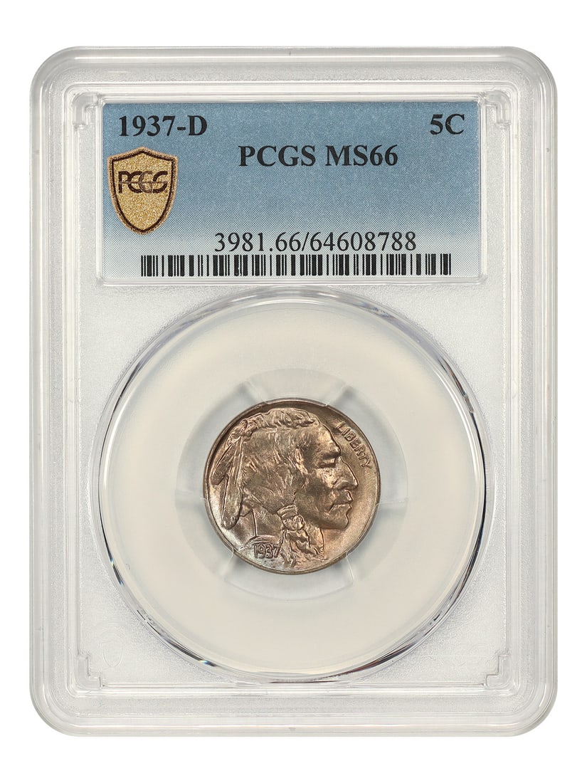 PCGS MS66 1937-D Buffalo Nickel 5C: PCGS MS66 1937-D Buffalo Nickel 5C 1937-D Buffalo Nickel certified by PCGS in MS66 grade. This uncirculated 5C coin is a pre-owned example. Specifications Denomination: 5C Year: 1937 Mint: D Mint Loca
