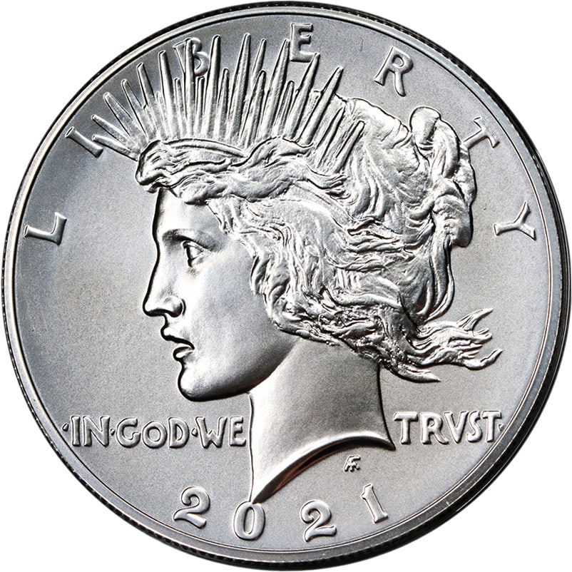 2021 Peace Silver Dollar Uncertified with OGP COA: 2021 Peace Silver Dollar Uncertified with OGP COA The 2021 Peace Silver Dollar showcases exceptional eye appeal, with remarkable luster and a strong strike. This uncirculated coin is made of 0.999 fin