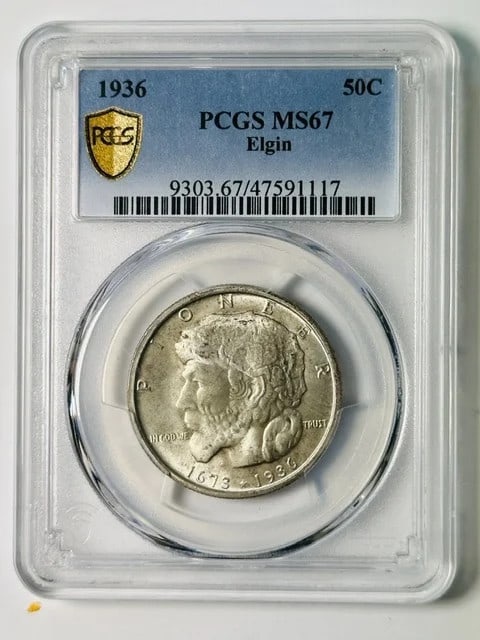 PCGS MS-67 1936 Elgin Classic Commemorative Silver Half Dollar: PCGS MS-67 1936 Elgin Classic Commemorative Silver Half Dollar 1936 Elgin classic commemorative silver coin certified by PCGS and graded MS 67. This pre-owned USA commemorative issue is listed as an E