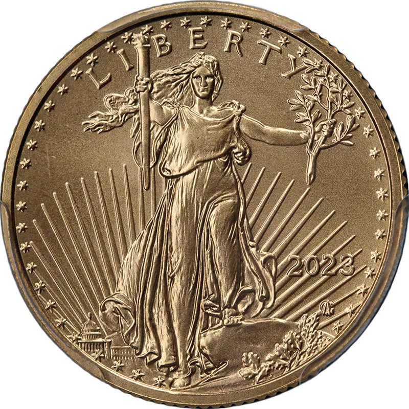 PCGS MS70 2023 $10 Gold American Eagle General Casey Autograph: PCGS MS70 2023 $10 Gold American Eagle General Casey Autograph This is an original 2023 Gold American Eagle $10 coin, graded MS70 by PCGS, indicating a perfect uncirculated condition. The coin feature