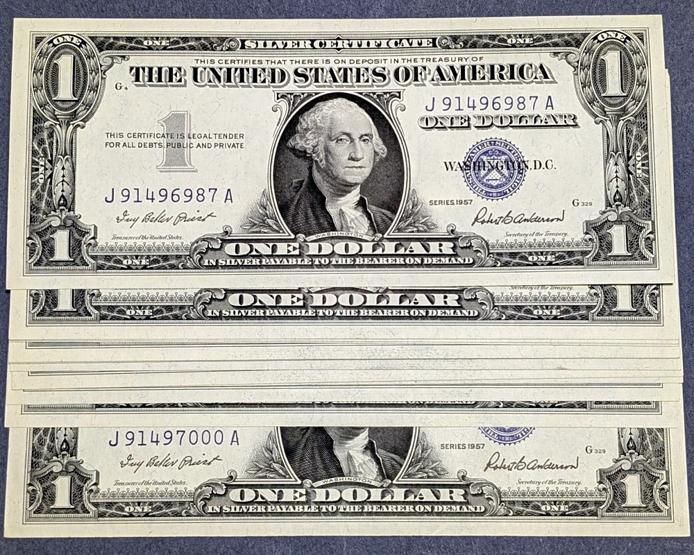 1957 $1 Silver Certificate 14pc Consecutive J-A Block Superb Gem CU: 1957 $1 Silver Certificate 14pc Consecutive J-A Block Superb Gem CU This offering features a stunning run of 14 consecutive 1957 $1 Silver Certificates, identified as FR. 1619. Each note in this colle