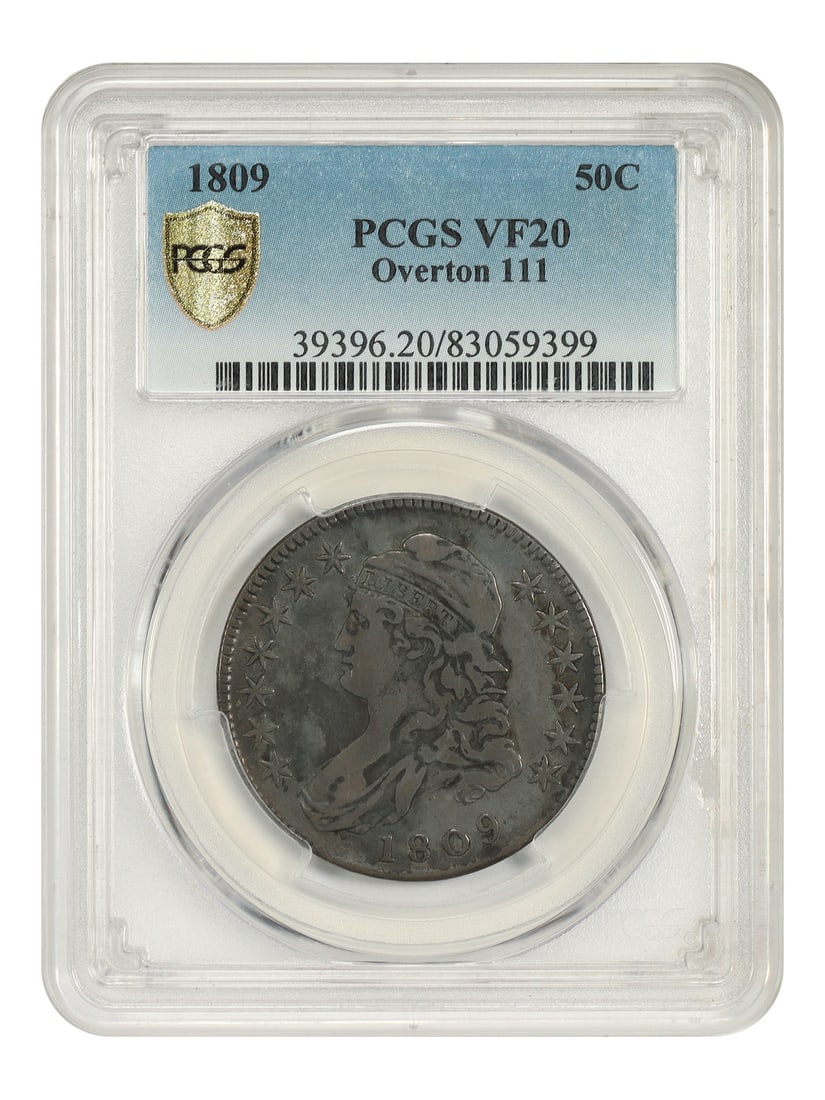 PCGS VF20 1809 Capped Bust Half Dollar 50C O-111: PCGS VF20 1809 Capped Bust Half Dollar 50C O-111 1809 Capped Bust Half Dollar certified by PCGS in VF20 grade. This circulated, pre-owned coin is identified as O-111. Specifications Denomination: 50C 