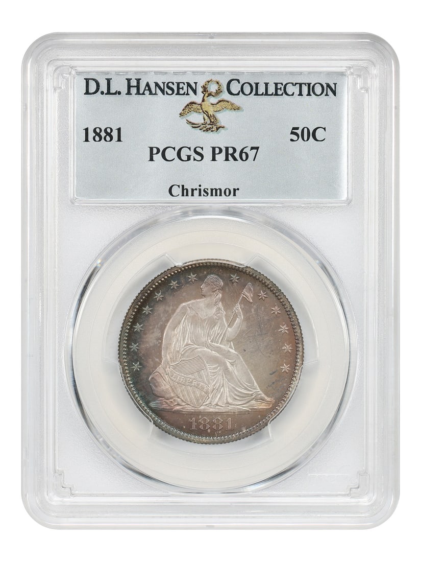 PCGS PR67 1881 Liberty Seated Half Dollar 50C ex D.L. Hansen Chrismor: PCGS PR67 1881 Liberty Seated Half Dollar 50C ex D.L. Hansen Chrismor 1881 Liberty Seated Half Dollar certified by PCGS as PR67. This low-mintage proof issue is described as an extraordinary survivor 