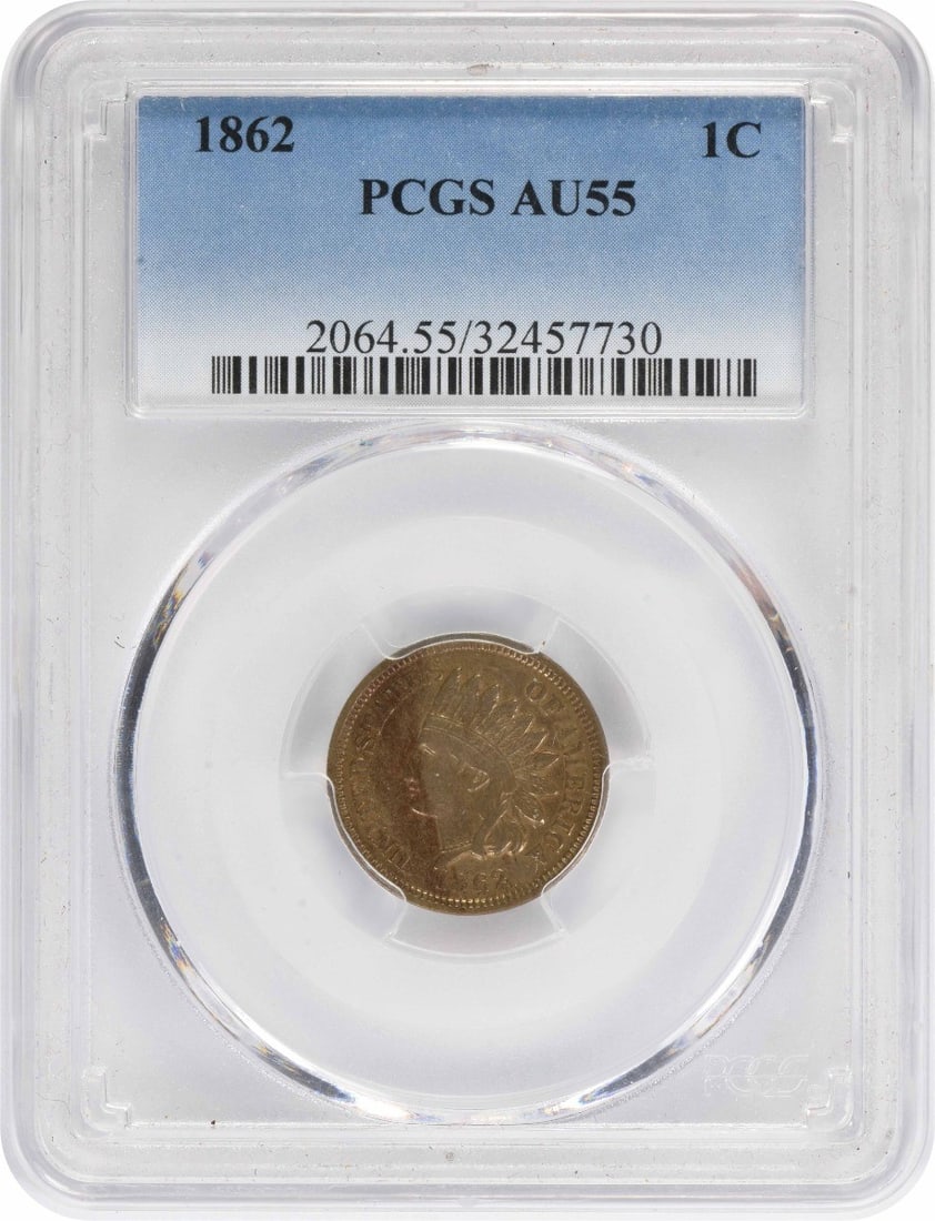 PCGS AU55 1862 Indian Head Small Cent Copper: PCGS AU55 1862 Indian Head Small Cent Copper 1862 Indian Head small cent graded AU55 by PCGS. This pre-owned United States coin is composed of copper and is listed as circulated. Specifications Year: 