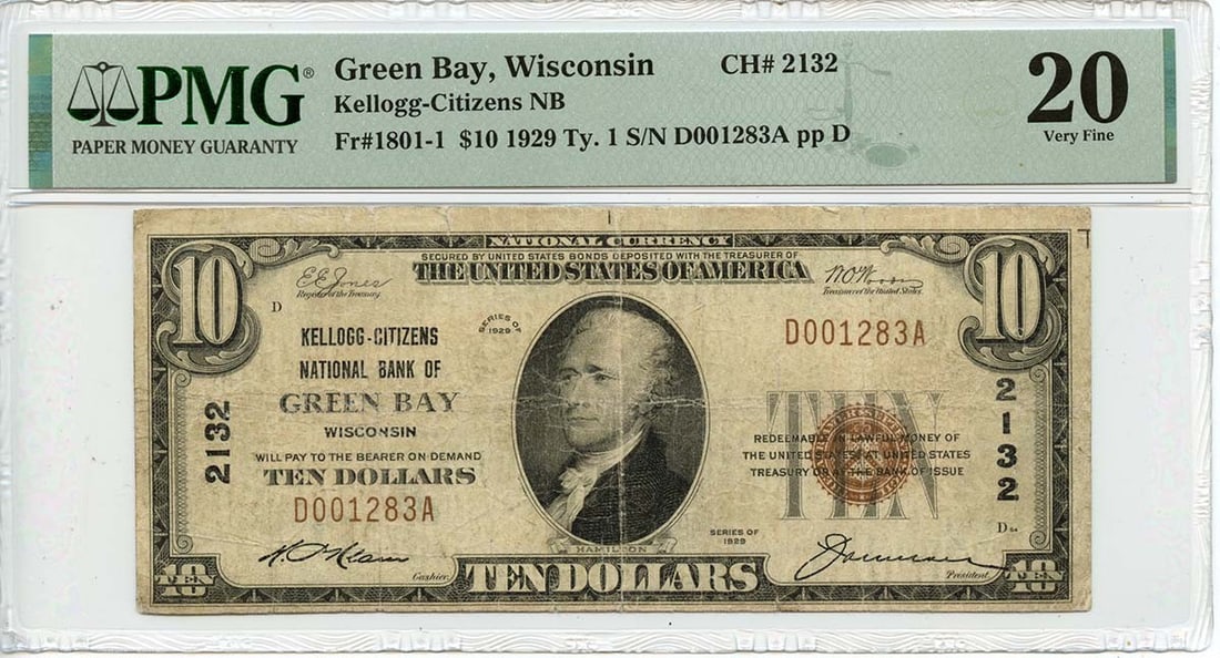 1929 $10 Green Bay WI Fr# 1801-1 PMG VF20 Circulated Note: 1929 $10 Green Bay WI Fr# 1801-1 PMG VF20 Circulated Note This 1929 $10 note from Green Bay, Wisconsin (CH#2132) is a remarkable piece of currency history. Graded as VF20 by PMG, this bill has been ci