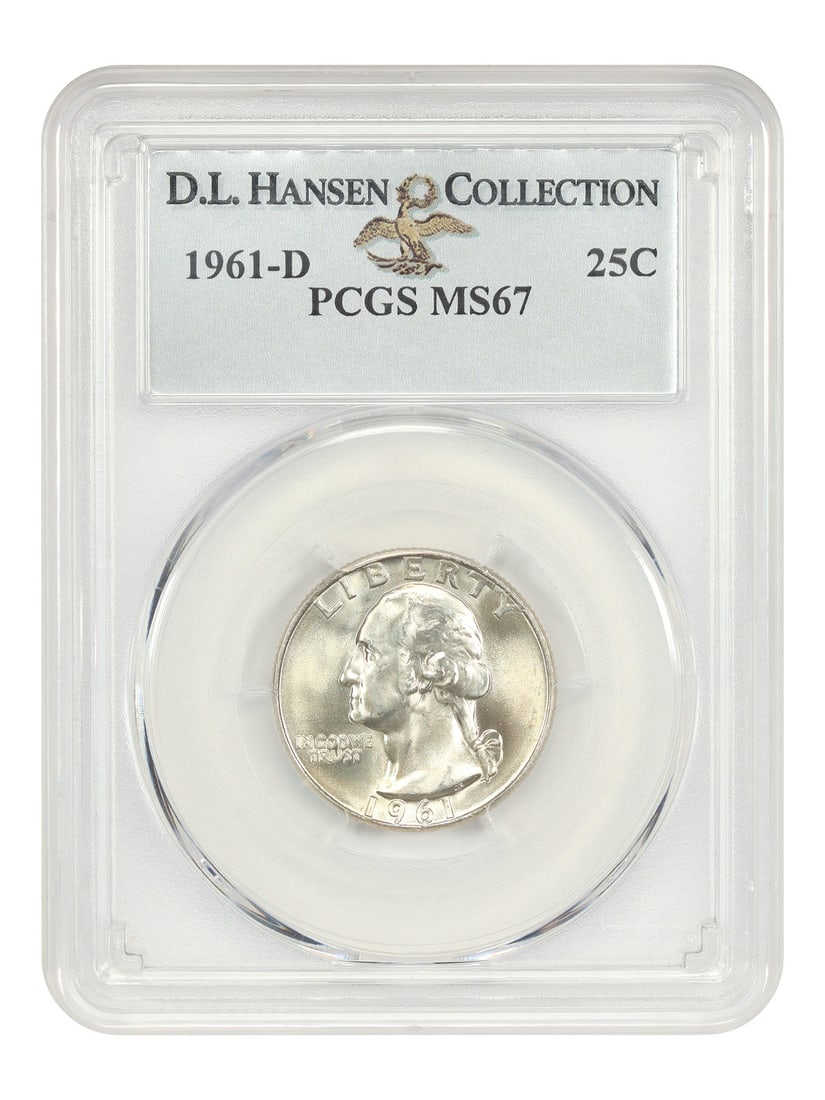 PCGS MS67 1961-D Washington Quarter 25C ex D.L. Hansen: PCGS MS67 1961-D Washington Quarter 25C ex D.L. Hansen 1961-D Washington Quarter certified by PCGS as MS67. This uncirculated example is noted for off-white surfaces that are frosty and bright with sh