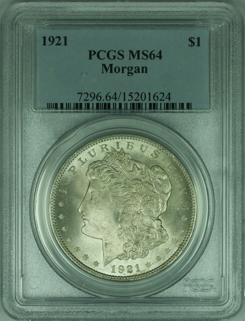 PCGS MS64 1921 Morgan Silver Dollar Philadelphia: PCGS MS64 1921 Morgan Silver Dollar Philadelphia This 1921 Morgan Silver Dollar is a $1 coin from the United States, graded MS-64 by PCGS. It is an uncirculated coin minted in Philadelphia and compose