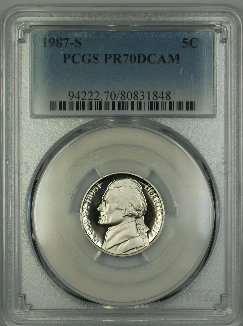 PCGS PR70 Deep Cameo 1987-S Jefferson Nickel Proof Coin: PCGS PR70 Deep Cameo 1987-S Jefferson Nickel Proof Coin This 1987-S Jefferson Nickel is a proof coin with a denomination of 5 cents, minted in San Francisco. Certified by PCGS with a grade of PR 70 De
