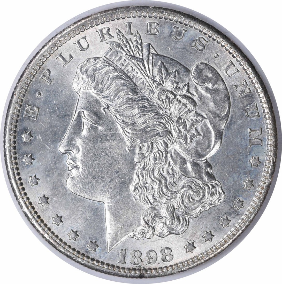 1898-S Morgan Dollar Silver Choice BU Uncertified: 1898-S Morgan Dollar Silver Choice BU Uncertified This is an 1898 Morgan Silver Dollar from the San Francisco Mint, featuring a Choice Brilliant Uncirculated (BU) grade. The coin is composed of silver