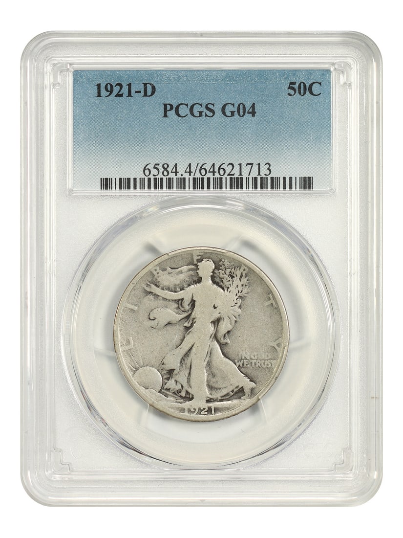 Walking Liberty Half Dollar 1921-D PCGS Good 04 Key Date: Walking Liberty Half Dollar 1921-D PCGS Good 04 Key Date Key date 1921-D Walking Liberty Half Dollar certified by PCGS in Good 04. This circulated example is noted as the lowest mintage issue in the W
