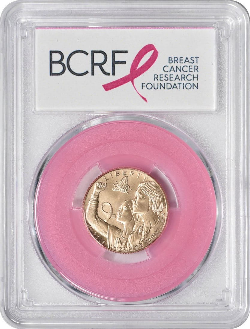 PCGS MS69 2018-W Breast Cancer Awareness $5 Gold Coin Pink: PCGS MS69 2018-W Breast Cancer Awareness $5 Gold Coin Pink This 2018-W Breast Cancer Awareness $5 gold commemorative coin is an uncirculated piece graded MS69 by PCGS. Issued by the United States Mint