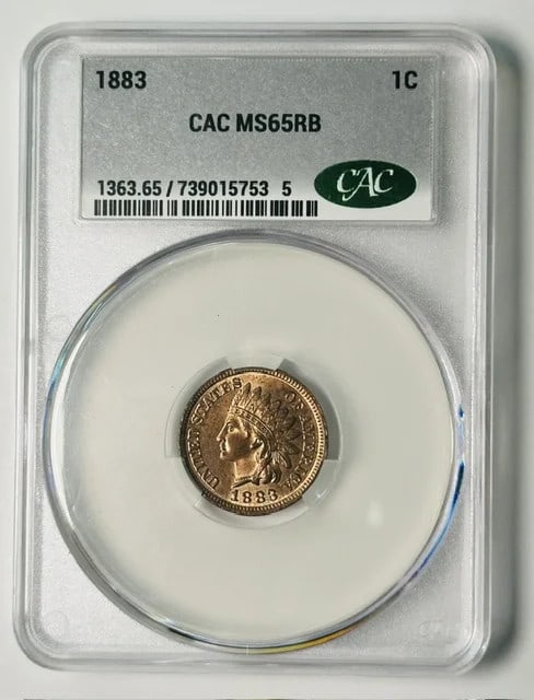 1883 Indian Head Cent CAC MS 65 RB Certified Copper Coin: 1883 Indian Head Cent CAC MS 65 RB Certified Copper Coin 1883 Indian Head small cent graded MS 65 RB. This pre-owned copper 1 cent coin is CAC certified and identified as an 1883 1c RB issue from the 