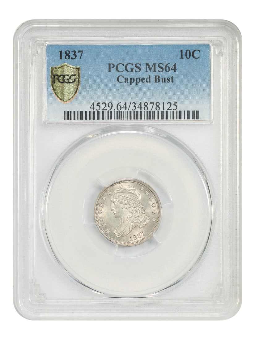 PCGS MS64 1837 Capped Bust 10C Dime: PCGS MS64 1837 Capped Bust 10C Dime 1837 Capped Bust Dime graded PCGS MS64. This uncirculated 10C issue is described as a rarity 1 coin from a mintage of 359,500. It shows a light golden patina that d