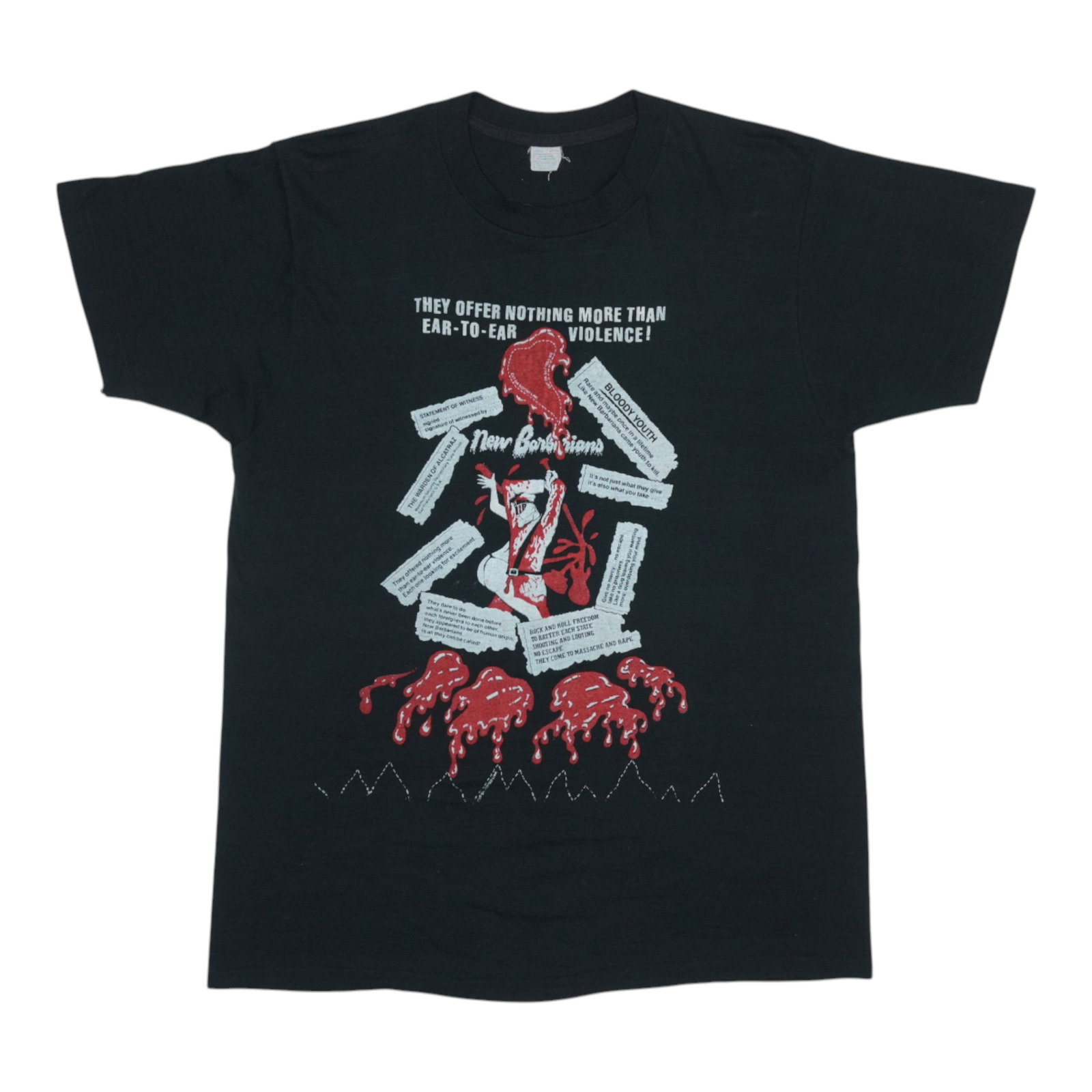 Vintage 1979 New Barbarians Concert Black Poly Cotton T Shirt Large: Vintage 1979 New Barbarians Concert Black Poly Cotton T Shirt Large This is an original vintage 1979 New Barbarians Tour shirt featuring front and back graphics. Made from a 50/50 poly/cotton blend, t
