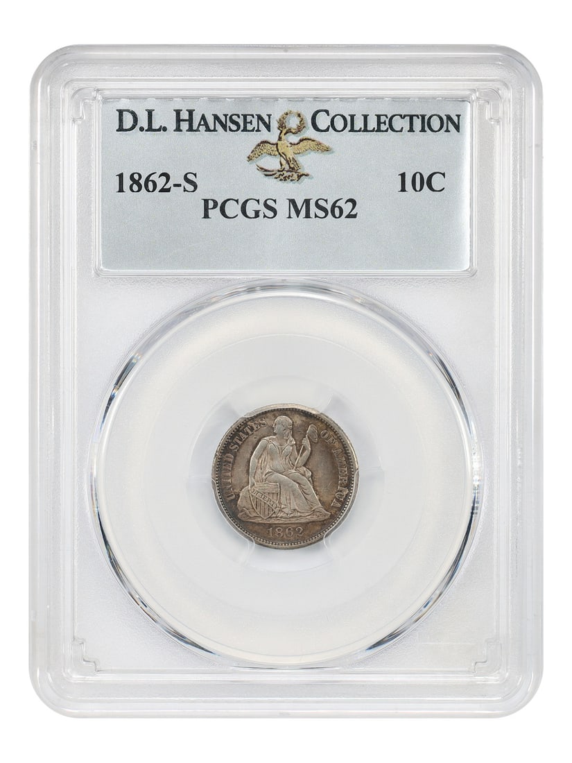 Liberty Seated Dime 1862-S PCGS MS62 ex D.L. Hansen: Liberty Seated Dime 1862-S PCGS MS62 ex D.L. Hansen 1862-S Liberty Seated Dime certified by PCGS in MS62. Only 180,750 1862-S dimes were struck, and they entered circulation where they remained until 
