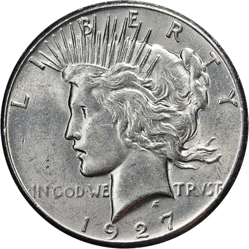 Uncirculated 1927 Philadelphia Peace Silver Dollar with Strong Eye Appeal: Uncirculated 1927 Philadelphia Peace Silver Dollar with Strong Eye Appeal This 1927-P Peace Dollar is an uncirculated silver coin featuring attractive luster, a sharp strike, and bright white surfaces
