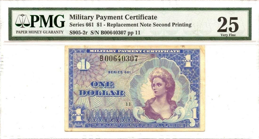 PMG VF25 Series 661 $1 Military Payment Certificate S905-2r: PMG VF25 Series 661 $1 Military Payment Certificate S905-2r United States Military Payment Certificate, Series 661, denomination $1, type S905-2r, second printing. Certified by PMG with grade VF25 and