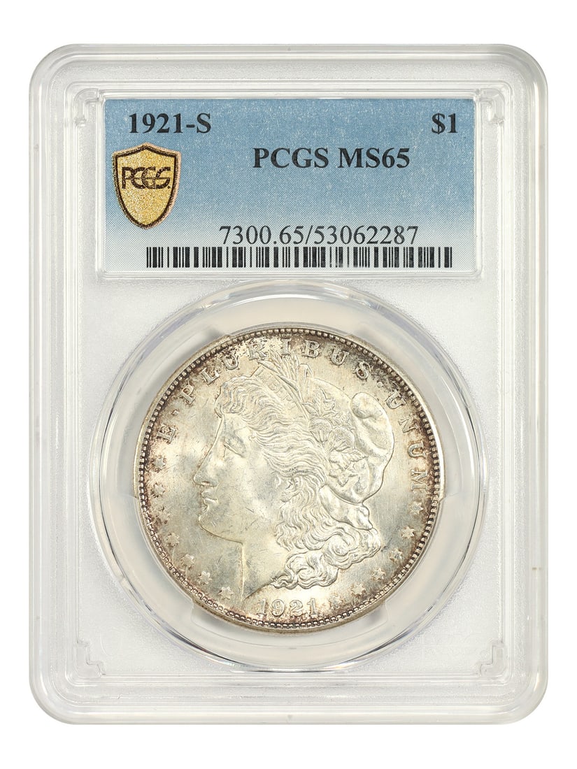 PCGS MS65 1921-S Morgan Silver Dollar San Francisco Mint: PCGS MS65 1921-S Morgan Silver Dollar San Francisco Mint 1921-S Morgan Dollar, the final San Francisco Mint issued Morgan silver dollar as the U.S. Mint transitioned to the Peace dollar design. This u