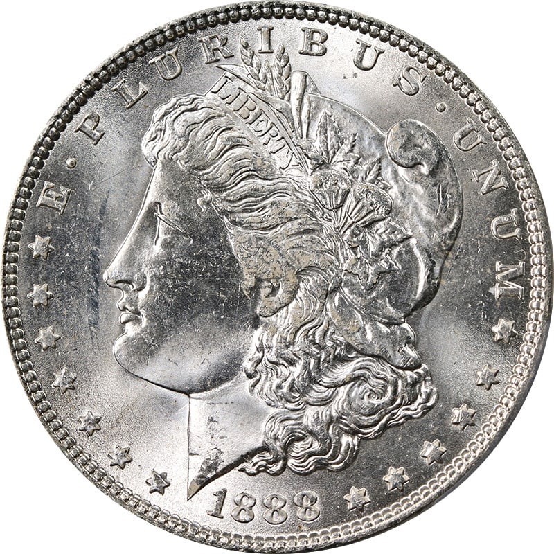 VAM 12 1888 Silver Morgan Dollar Doubled Reverse PCGS MS63: VAM 12 1888 Silver Morgan Dollar Doubled Reverse PCGS MS63 This original 1888-P Morgan Silver Dollar features the VAM 12 Doubled Reverse variety. Graded PCGS MS63, it offers excellent eye appeal with 
