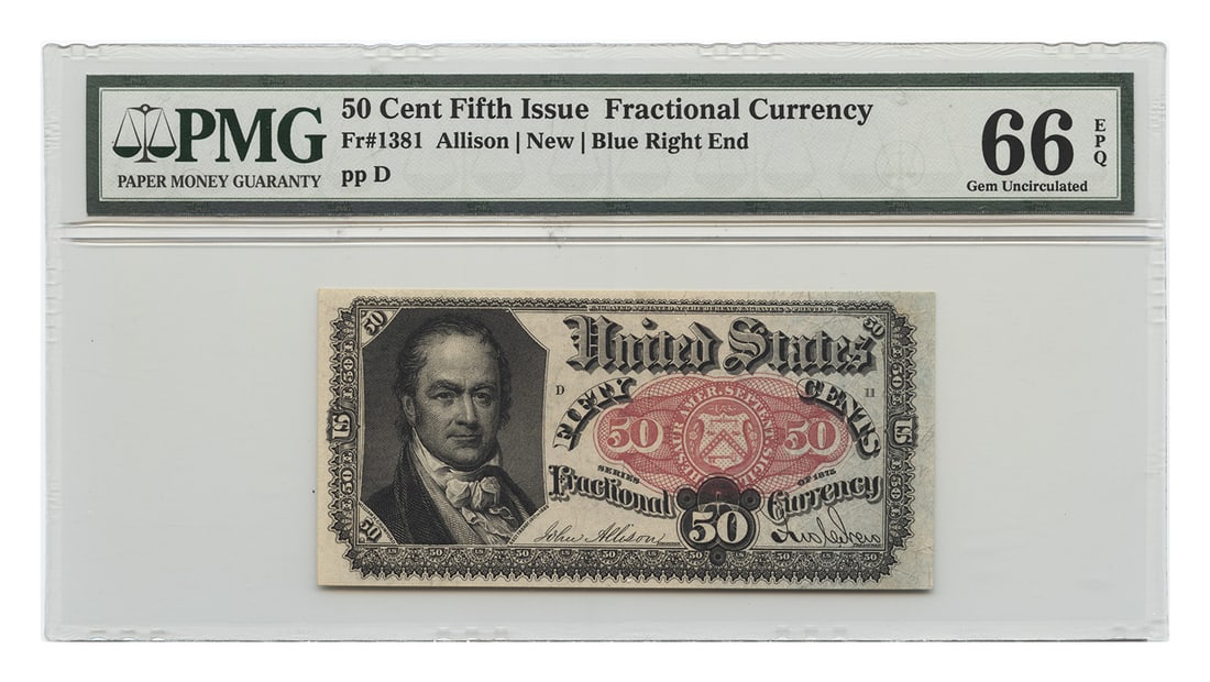 PMG Gem UNC66 EPQ 50 Cents Fractional Currency Fifth Issue Fr. 1381: PMG Gem UNC66 EPQ 50 Cents Fractional Currency Fifth Issue Fr. 1381 This is a 50 Cents Fractional Currency note, Fifth Issue, certified by PMG and graded Gem UNC66 EPQ. It is listed as uncirculated an