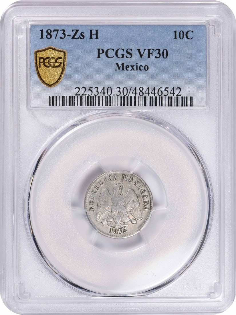 1873 Zs H Mexico 10 Centavos Silver Coin KM403.10 VF30 PCGS: 1873 Zs H Mexico 10 Centavos Silver Coin KM403.10 VF30 PCGS This 1873 Zs H Mexico 10 Centavos is a remarkable silver coin, certified by PCGS and graded at VF30. It features a KM number of 403.10, indi