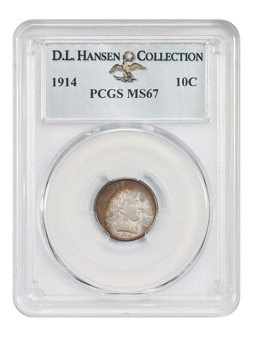 Barber Dime 1914 10C PCGS MS67 ex D.L. Hansen: Barber Dime 1914 10C PCGS MS67 ex D.L. Hansen 1914 Barber Dime certified by PCGS in MS67 and pedigreed ex: D.L. Hansen. The Philadelphia Mint struck more than 17.3 million dimes in 1914, and this exam