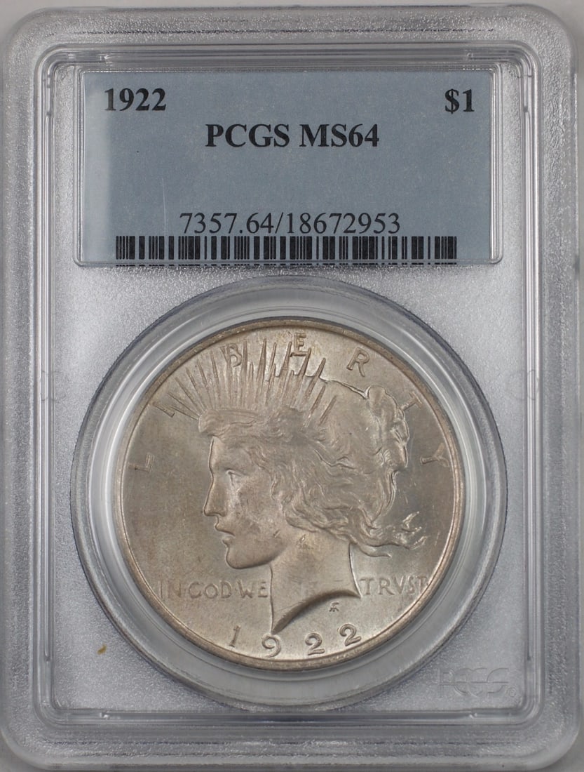 PCGS MS-64 1922 Peace Dollar Silver $1 Coin: PCGS MS-64 1922 Peace Dollar Silver $1 Coin This 1922 Silver Peace Dollar $1 coin is certified by PCGS with a grade of MS-64. Minted in Philadelphia, it is composed of silver and remains in uncirculat