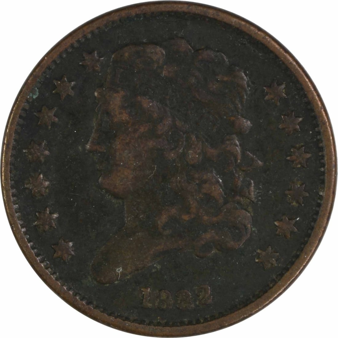1832 Classic Head Half Cent F Copper Uncertified: 1832 Classic Head Half Cent F Copper Uncertified 1832 Classic Head Half Cent in circulated Fine grade. This uncertified United States coin is struck in copper and features the John Reich design with a