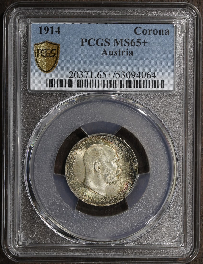 Austria 1914 Silver 1 Corona PCGS MS65 Franz Joseph: Austria 1914 Silver 1 Corona PCGS MS65 Franz Joseph This 1914 Austria Franz Joseph 1 Corona coin is composed of 0.835 fine silver and has been graded MS65 by PCGS. The coin is uncirculated and feature