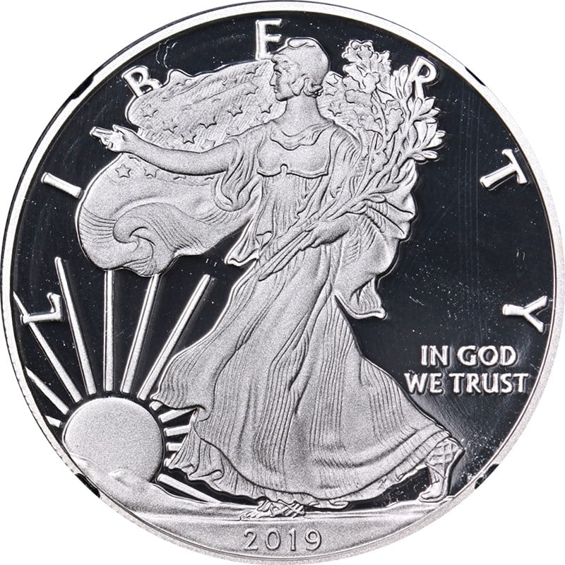 2019-W Silver American Eagle $1 NGC PF69 Ultra Cameo 1st Day of Issue: 2019-W Silver American Eagle $1 NGC PF69 Ultra Cameo 1st Day of Issue This 2019-W Silver American Eagle $1 coin is certified by NGC as PF69 Ultra Cameo, showcasing outstanding eye appeal with remarkab