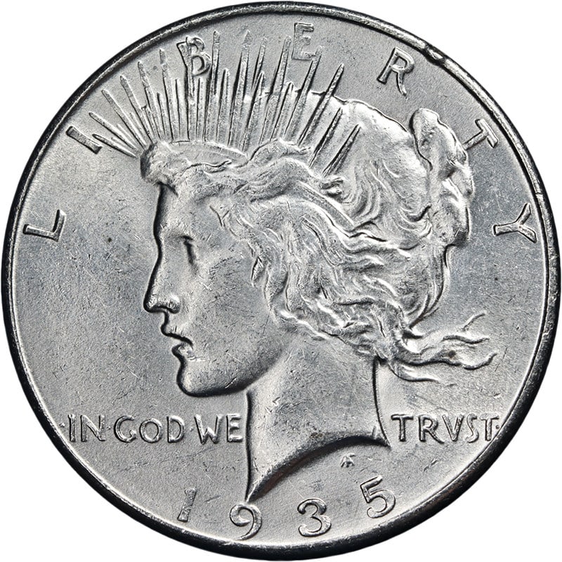 1935 Philadelphia Peace Silver Dollar Brilliant Uncirculated Example: 1935 Philadelphia Peace Silver Dollar Brilliant Uncirculated Example This 1935-P Peace Dollar is an uncirculated silver coin from the United States, featuring bright white surfaces, attractive luster,