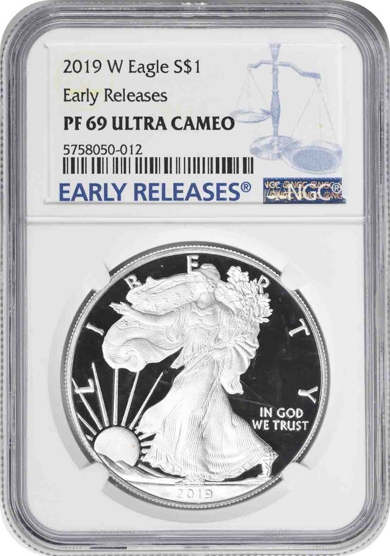 NGC PF69UCAM 2019-W American Silver Eagle Proof Dollar Early Releases: NGC PF69UCAM 2019-W American Silver Eagle Proof Dollar Early Releases 2019-W $1 American Silver Eagle certified by NGC and graded PF69 UCAM Early Releases. This proof coin contains 1 oz of silver, has