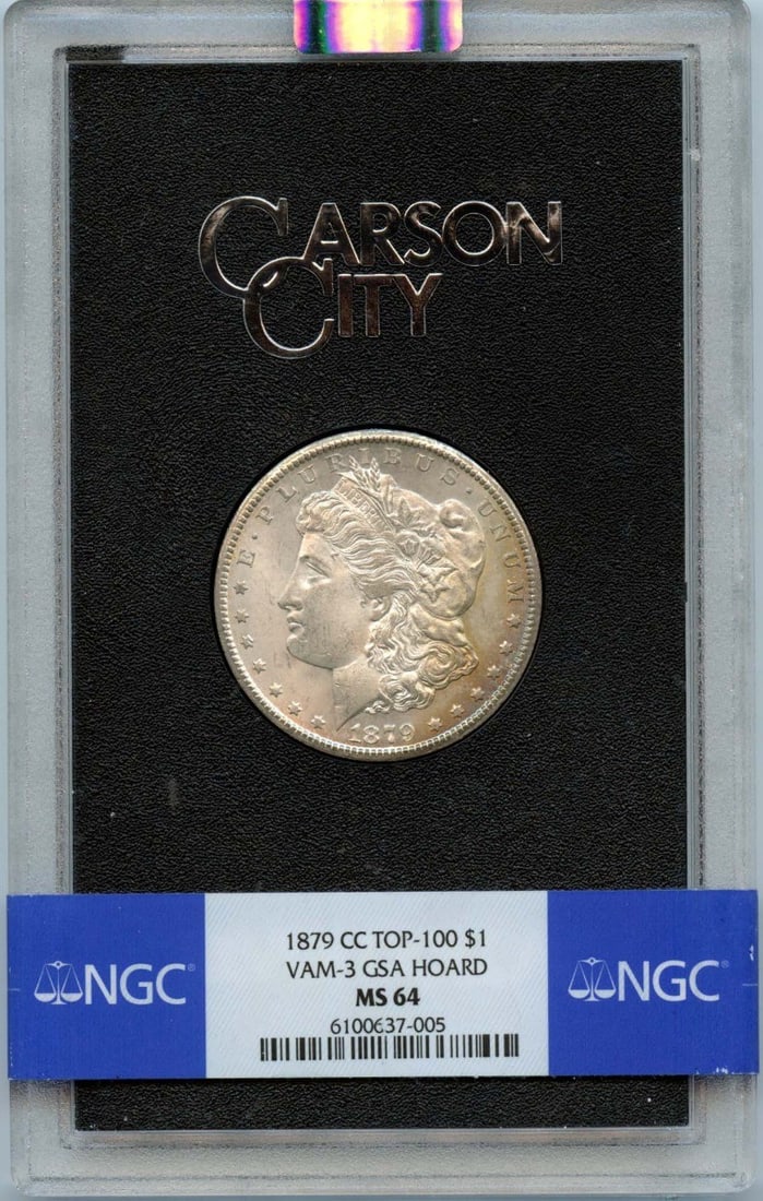 NGC MS64 1879 Carson City Morgan Silver Dollar GSA Hoard VAM-3: NGC MS64 1879 Carson City Morgan Silver Dollar GSA Hoard VAM-3 This 1879-CC Morgan Dollar is a VAM-3 Top 100 variety from the GSA Hoard. It has been graded MS64 by NGC and features the Carson City min
