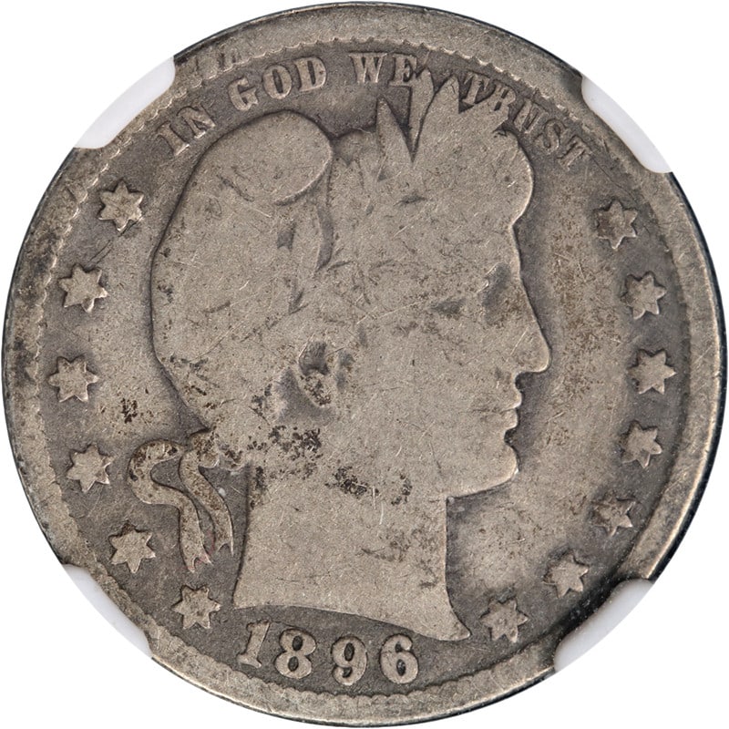 1896 O Silver Barber Quarter NGC G6: 1896 O Silver Barber Quarter NGC G6 This 1896-O Barber Quarter is graded G6 by NGC and features strong eye appeal with attractive color and well-preserved surfaces. Struck in silver, this circulated c