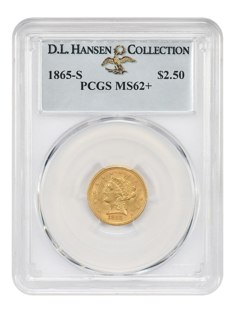 PCGS MS62+ 1865-S Liberty Head Quarter Eagle Gold Coin: PCGS MS62+ 1865-S Liberty Head Quarter Eagle Gold Coin 1865-S Liberty Head $2.50 gold piece certified by PCGS as MS62+. Struck at the San Francisco Mint during the Civil War era, this uncirculated coi