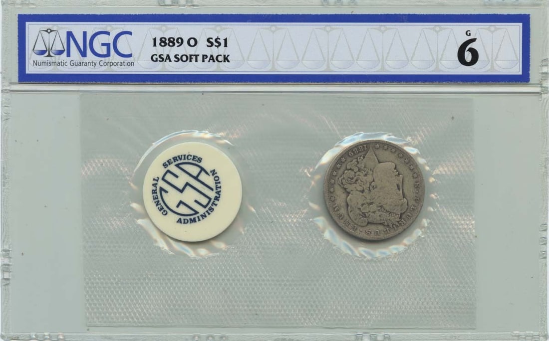 NGC G6 1889 O Morgan Silver Dollar GSA Soft Pack: NGC G6 1889 O Morgan Silver Dollar GSA Soft Pack 1889-O Morgan Dollar certified by NGC and graded G6. This circulated, pre-owned coin is a GSA soft pack issue and carries the S$1 denomination. Specifi