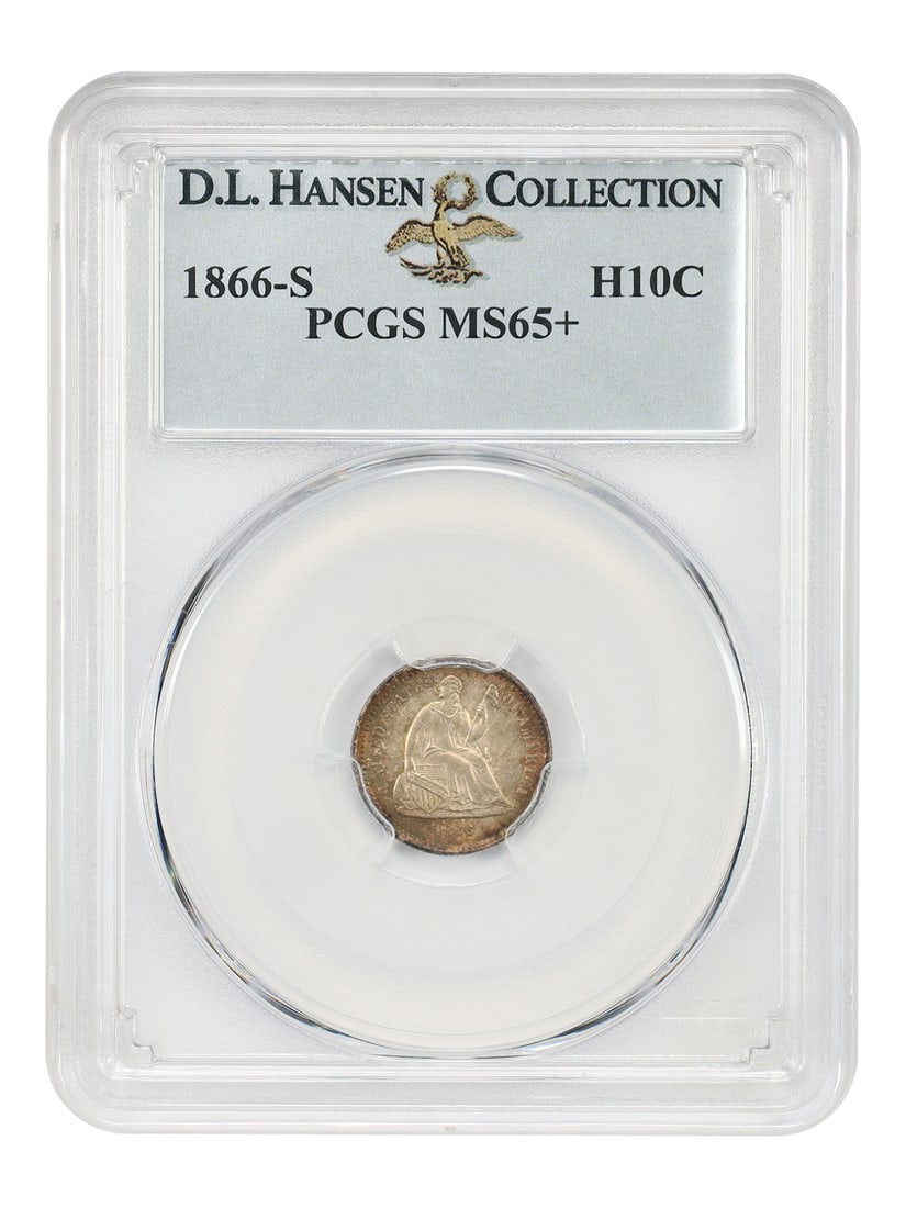 PCGS MS65+ 1866-S Liberty Seated Half Dime ex D.L. Hansen: PCGS MS65+ 1866-S Liberty Seated Half Dime ex D.L. Hansen 1866-S Liberty Seated Half Dime certified by PCGS as MS65+ and offered as a pre-owned, uncirculated example. This conditionally rare gem comes