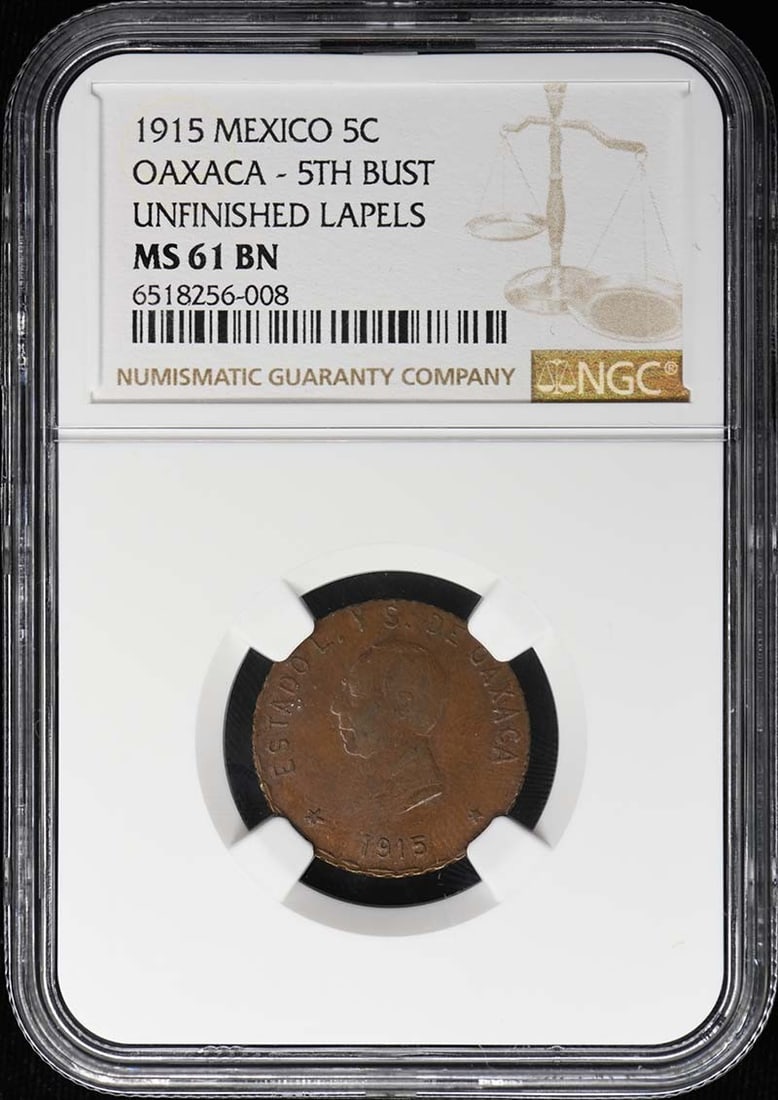 Mexico Oaxaca 1915 5C Coin NGC MS61BN KM-718 GB-304: Mexico Oaxaca 1915 5C Coin NGC MS61BN KM-718 GB-304 1915 Mexico Oaxaca 5 centavos coin, cataloged as KM-718 and GB-304. This pre-owned coin is certified by NGC and graded MS61, with an uncirculated de
