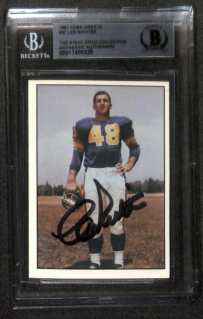 Les Richter Autographed 1981 TCMA Greats #37 Card Beckett Authenticated: Les Richter Autographed 1981 TCMA Greats #37 Card Beckett Authenticated This is an autographed 1981 TCMA Greats #37 sports trading card featuring Les Richter, a former linebacker for the Los Angeles R