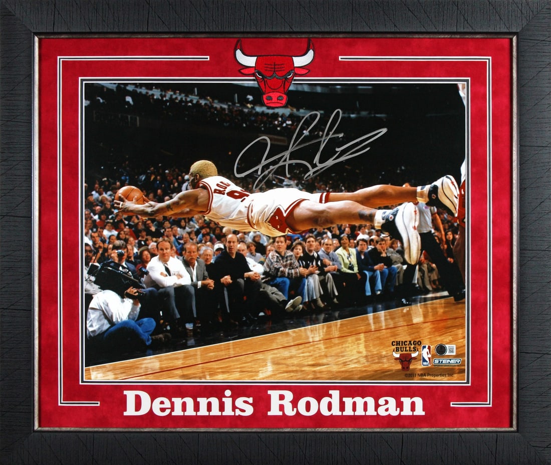 Dennis Rodman Autographed Framed 16x20 Chicago Bulls Diving Photo BAS Witnessed (1 of 2)
