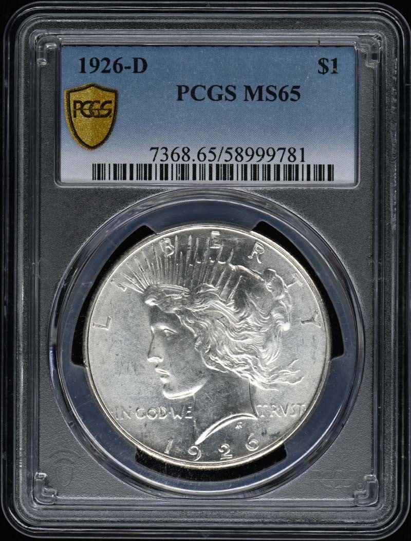 PCGS MS65 1926-D United States Peace Dollar $1 Coin: PCGS MS65 1926-D United States Peace Dollar $1 Coin 1926-D Peace Dollar certified by PCGS and graded MS65. This pre-owned coin is an uncirculated United States silver dollar from the Peace Dollar seri