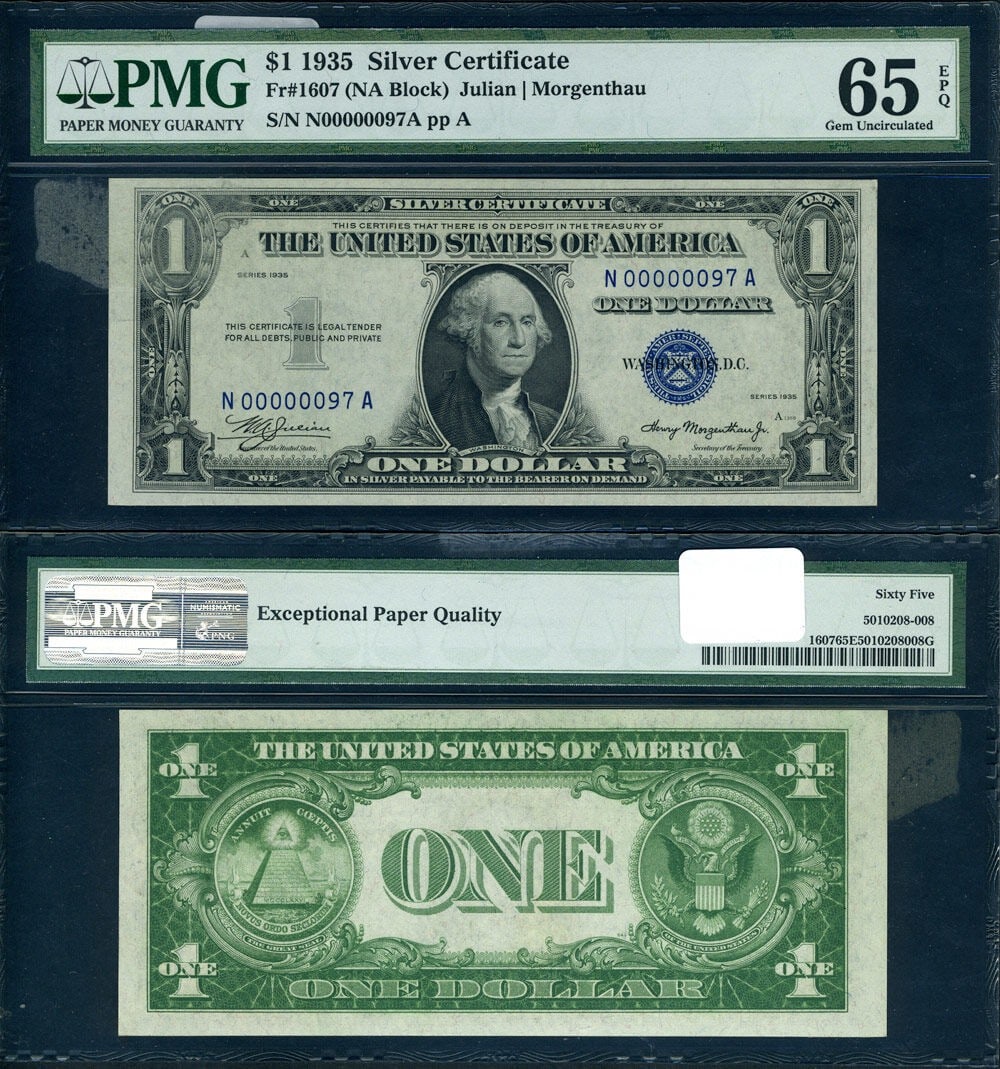 PMG Gem CU65 EPQ 1935 $1 Silver Certificate N-A Block: PMG Gem CU65 EPQ 1935 $1 Silver Certificate N-A Block This is a FR. 1607 $1 1935 Silver Certificate featuring the N..097A Non-Mule N-A Block. The note is certified by PMG with a Gem CU65 EPQ grade, in