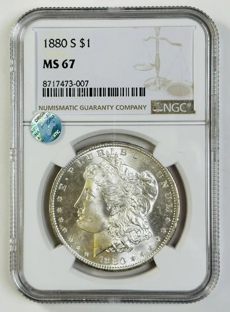 NGC MS 67 1880 S Morgan Silver Dollar Sight White: NGC MS 67 1880 S Morgan Silver Dollar Sight White 1880 Morgan Silver Dollar certified by NGC and graded MS 67. This pre-owned coin is described as Sight White and was struck at the San Francisco Mint.
