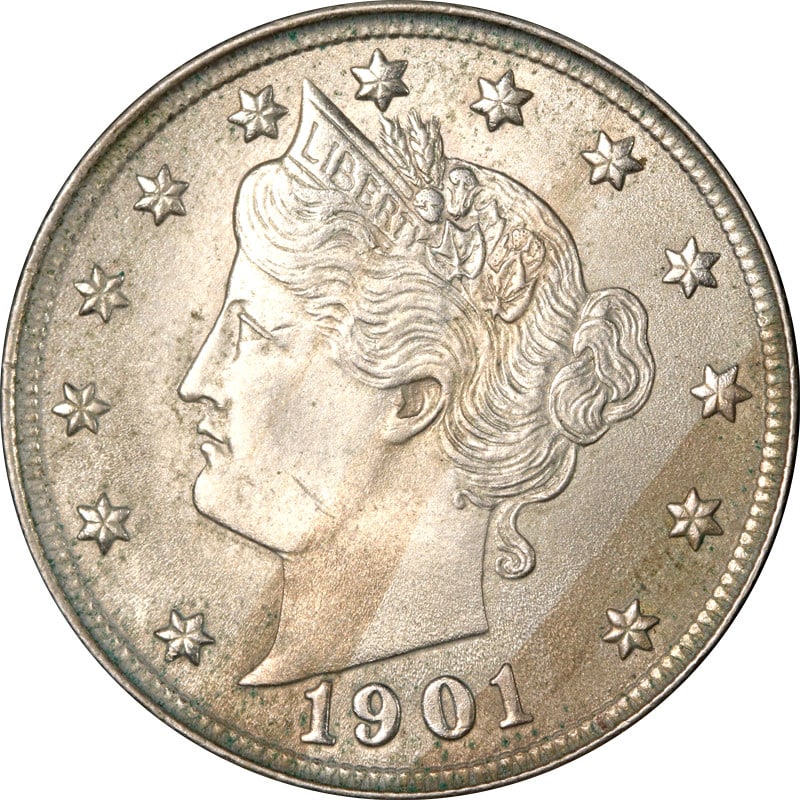 1901 Nickel Liberty Head Five Cent Coin Circulated: 1901 Nickel Liberty Head Five Cent Coin Circulated This is a 1901 Liberty V Nickel composed of nickel. The coin is circulated and is in pre-owned condition. It is uncertified. Specifications Type: Lib
