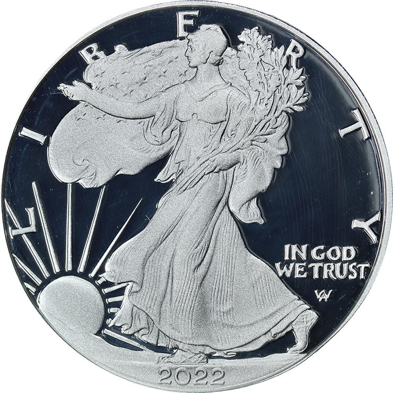PCGS PR70 DCAM First Strike 2022-W Silver American Eagle Dollar: PCGS PR70 DCAM First Strike 2022-W Silver American Eagle Dollar Original 2022-W Silver American Eagle $1 certified by PCGS and graded PR70 DCAM with a First Strike Flag Label. This uncirculated coin i