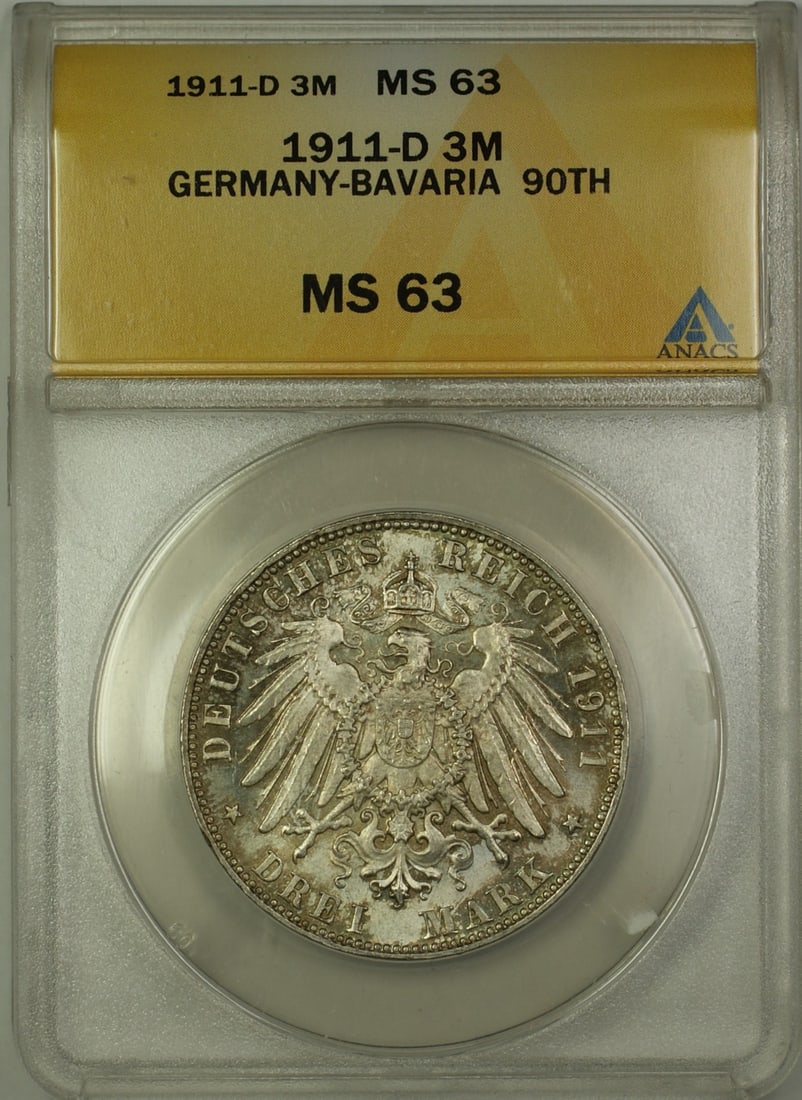 1911-D Bavaria Silver 3 Mark Luitpold 90th Birthday ANACS MS-63 Coin: 1911-D Bavaria Silver 3 Mark Luitpold 90th Birthday ANACS MS-63 Coin This 1911-D Germany Bavaria 3 Marks silver coin commemorates the 90th birthday of Prince Regent Luitpold. The coin has been graded 