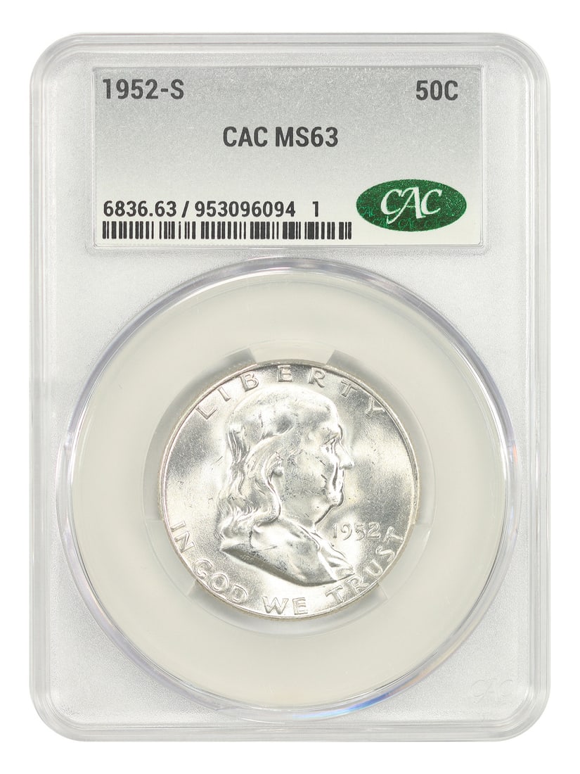 Franklin Half Dollar 1952-S 50C MS63 CACG: Franklin Half Dollar 1952-S 50C MS63 CACG 1952-S Franklin Half Dollar, denomination 50C, from the San Francisco mint. It is uncirculated and certified by CACG with certification number 953096094. Cond