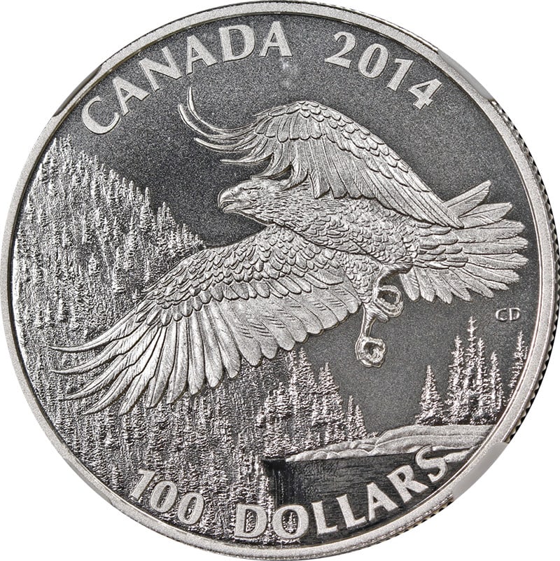 NGC PF70 2014 Silver $100 Bald Eagle Matte Early Releases Coin: NGC PF70 2014 Silver $100 Bald Eagle Matte Early Releases Coin This 2014 Canada Silver $100 Bald Eagle coin features a matte finish and is certified by NGC with a perfect PF70 grade. Struck in .999 fi