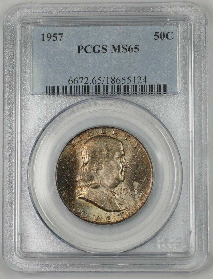 PCGS MS-65 1957 Silver Franklin Half Dollar Philadelphia Gem Toned Coin: PCGS MS-65 1957 Silver Franklin Half Dollar Philadelphia Gem Toned Coin This 1957 Franklin Silver Half Dollar features a 50-cent denomination and is certified by PCGS with a grade of MS 65. The coin i