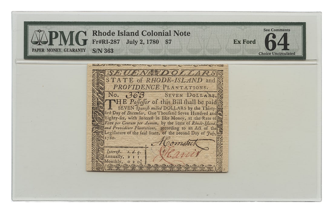 Rhode Island Colonial Currency $7 Note July 2 1780 PMG Choice UNC64 EPQ: Rhode Island Colonial Currency $7 Note July 2 1780 PMG Choice UNC64 EPQ A Rhode Island Colonial Currency note dated July 2, 1780, denominated at $7. It is certified by PMG and graded Choice UNC 64 EPQ